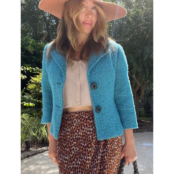 CAbi Vibrant Turquoise Wool Blend Boucle 3/4 Sleeve Jacket/Blazer - Picture 1 of 8